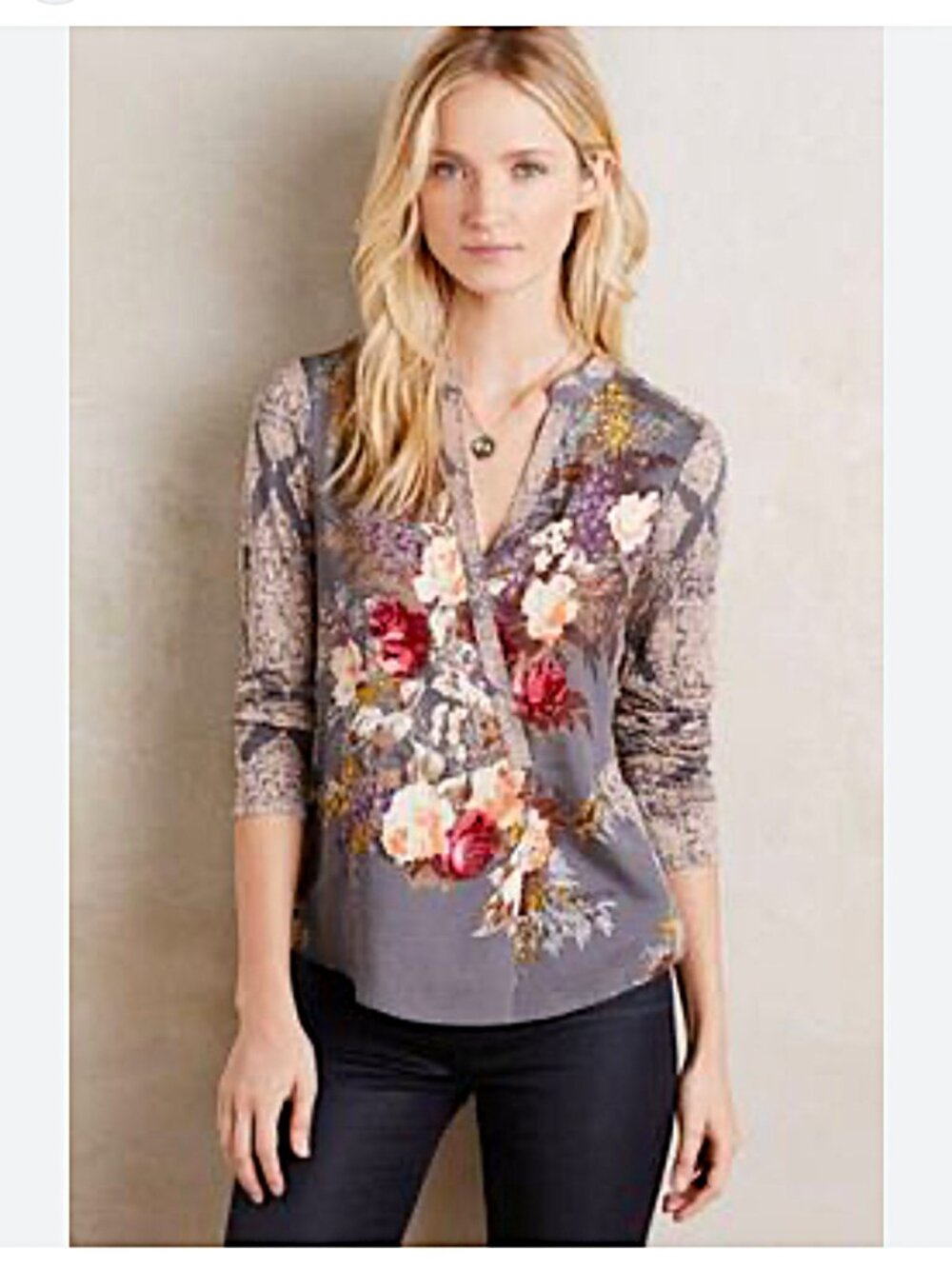 Tiny Anthropologie Floral Mixed Print Peasant Blouse Gray Boho Romantic Size S